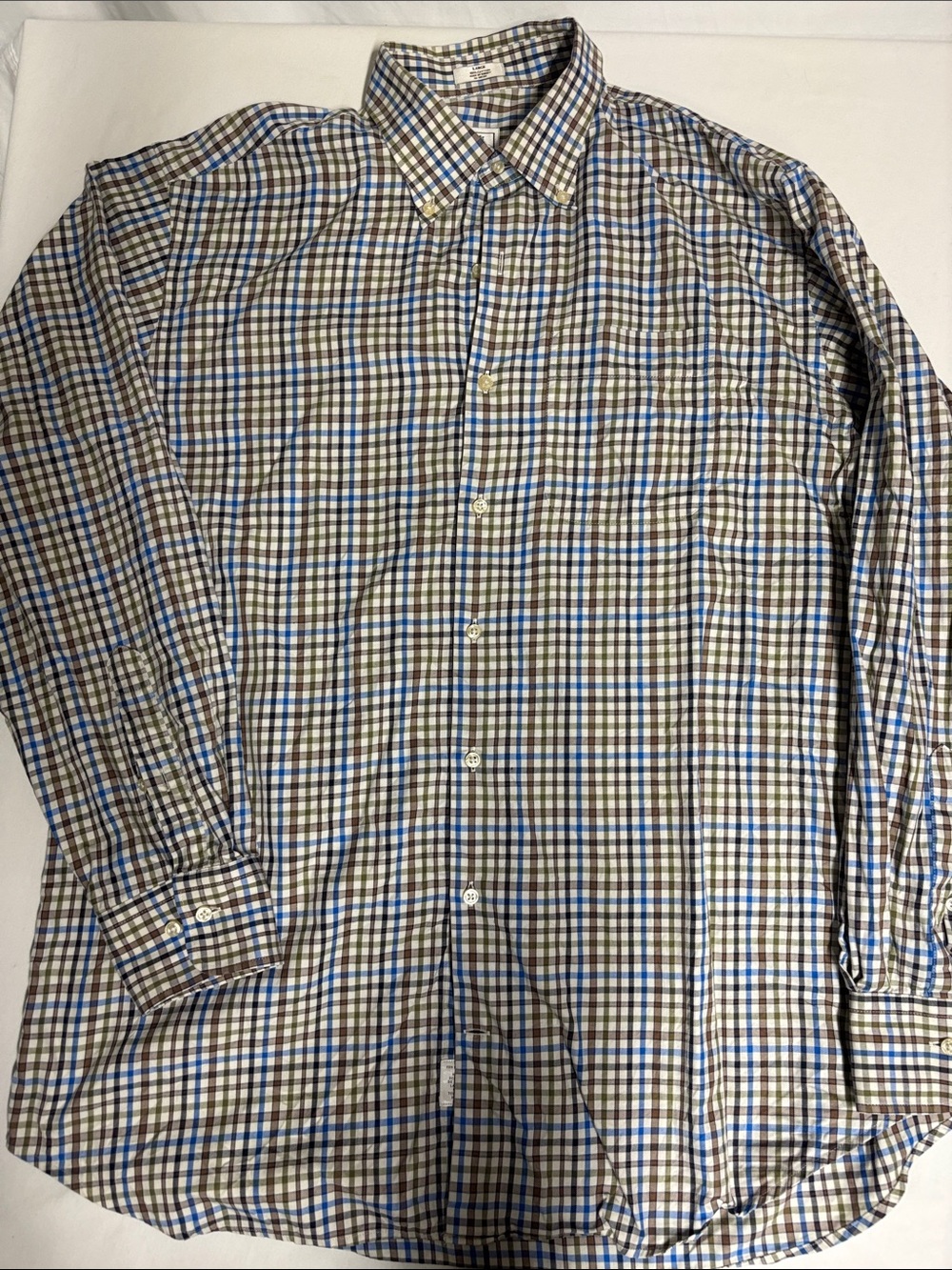 Peter Millar Men’s Large 100% Cotton Plaid Button Down Shirt Blue Brown Green